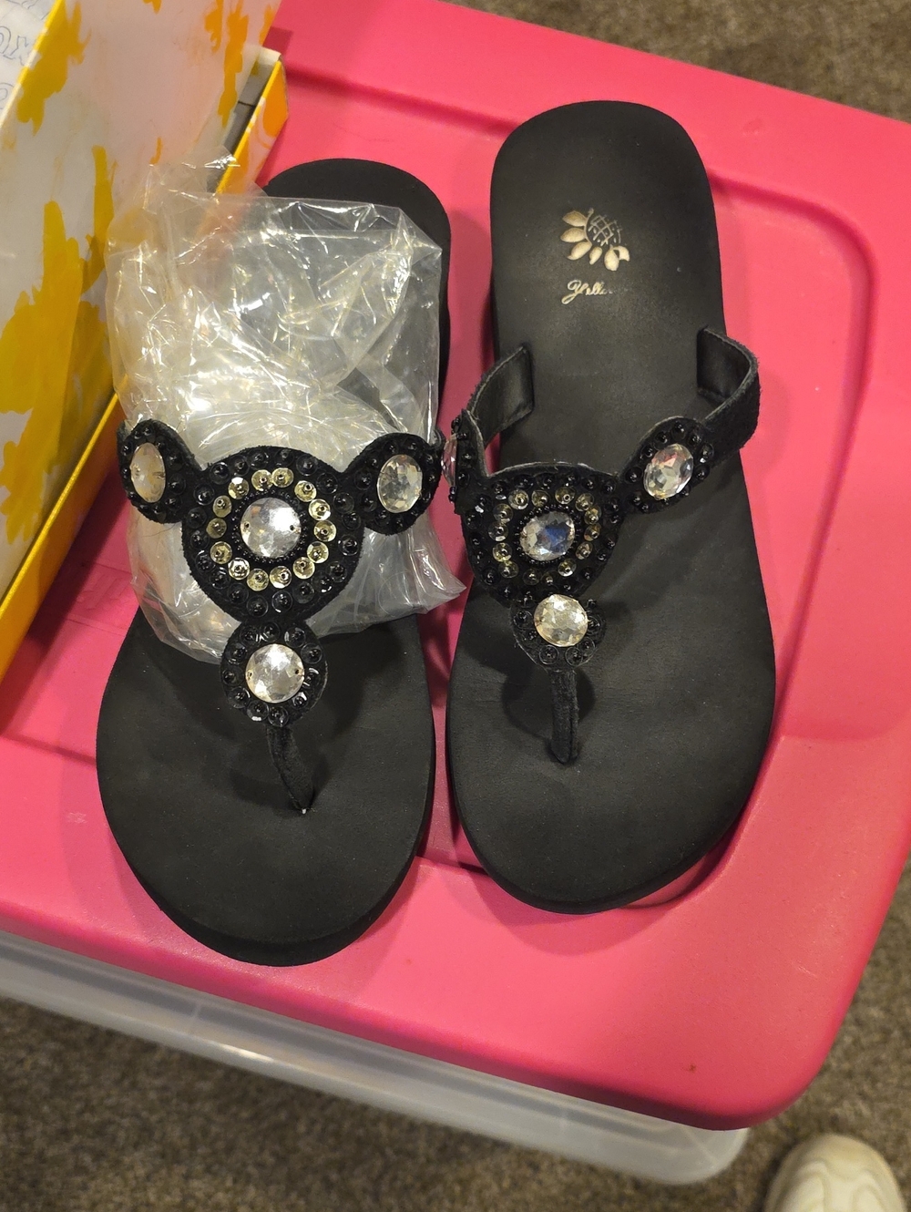 Yellow Box Black Jeweled T-Strap Sandals